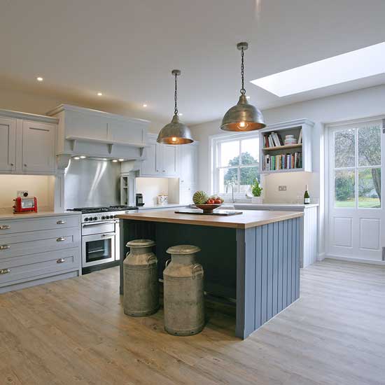 The Riverside Kitchen is a bespoke classic Shaker style cabinetry kitchen, designed and custom made to suit a beautiful riverside Georgian house in Guildford, Surrey.